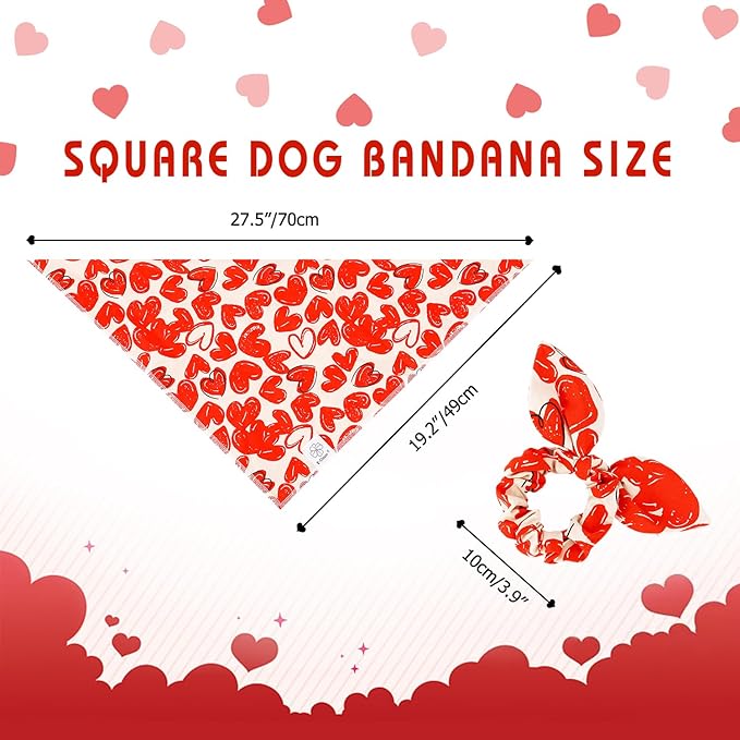 E-Clover Valentine Cute Dog Bandana & Matching Scrunchie-Heart Dog Bandanas Red Pet Scarf Bib for Medium Large Dogs Girl Boy Owner Mothers Day Mom Gift