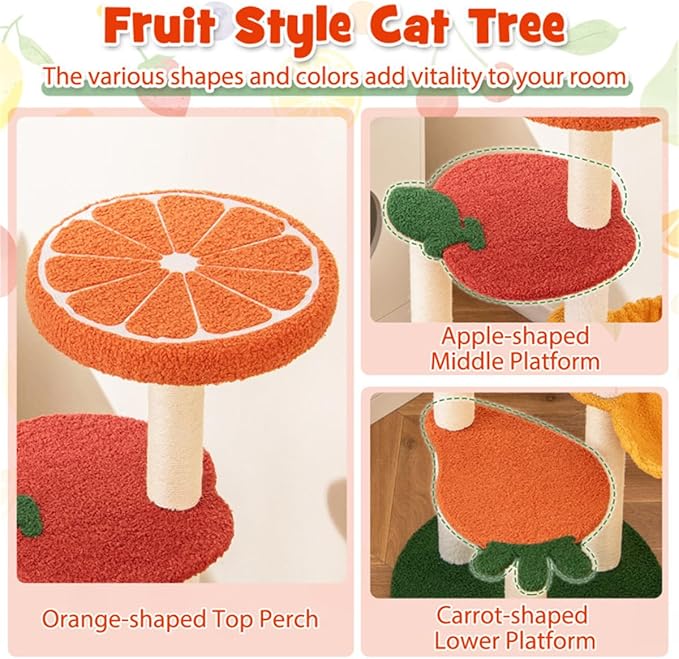 Fruit-Themed Cat Tree | Multi-Storey Cat Apartment + Rotating Hammock | Sisal Grab Pole | Teddy Plush Cat Bed | 39-Inch Pet Activity Center
