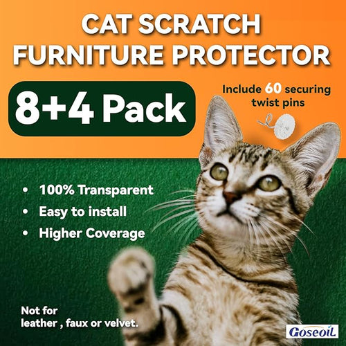 12-Pack Anti Cat Scratch Furniture Protectors,Clear Couch Protector for Cats,60 Twist Pins,Heavy Duty,Easy to Apply Scratching Deterrent and Shield for Sofa Corners,Walls,Doors