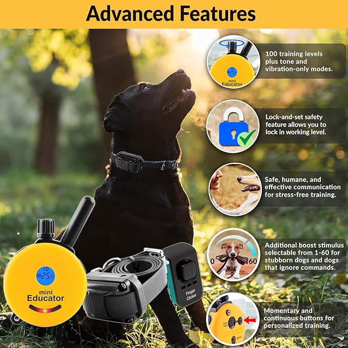 E-Collar ET-300 Remote Dog Training Collar – 1/2 Mile Waterproof, Premium Finger Clicker Trainer, 100 Stimulation Levels + Vibration + Light + Sound – 1 Dog Small to Medium, Yellow