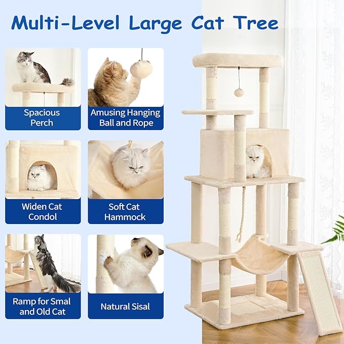 Cat Craft Cat Tree 63 Inch Cat Tower for Indoor Cats, Multi-Level Cat Tree for Large Cats 20 lbs+ Heavy Duty Cat Tower with Sisal Scratching Posts, Hammock, Condo and Extended Platform, Beign