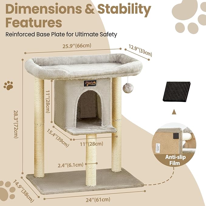 Cat Tree Tower for Indoor Large Cats, Cat Scratching Post with Big Perch Bed, Tall Trees House with Condo Cave, Toy Balls, Modern Climbing Furniture Big Platform for Kitten