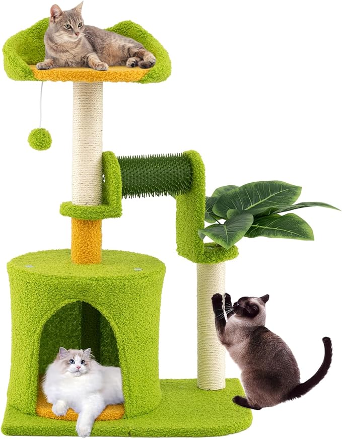 Tangkula Palm Small Cat Tree, Cute Cat Tower with Sisal Scratching Posts, Top Perch, Condo, Self Groomer & Dangling Ball, Unique Cat Tree Tower with Green Leaves for Indoor Cats