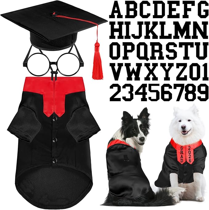 5 Pcs Dog Graduation Costume Set Include 2026 Pet Graduation Gown with Stole Puppy Grad Cap Lensless Glasses DIY Letter Stickers for Dogs Cats Holiday Costume Accessory(Black Red,XL)