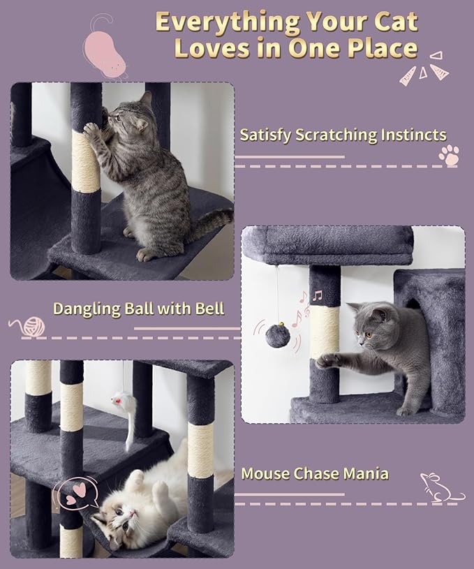 Heavy Duty Cat Tree for Indoor Cat, 71 Inch Large Cat Tower with Scratching Post and Top Perch, Hammock, Big Cat Condo for Adult Cats Kittens, PMT03DG, Dark Grey