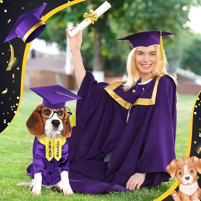 5 Pcs Dog Graduation Costume Set Include 2026 Pet Graduation Gown with Stole Puppy Grad Cap Lensless Glasses DIY Letter Stickers for Dogs Cats Holiday Costume Accessory(Purple Yellow,XXL)