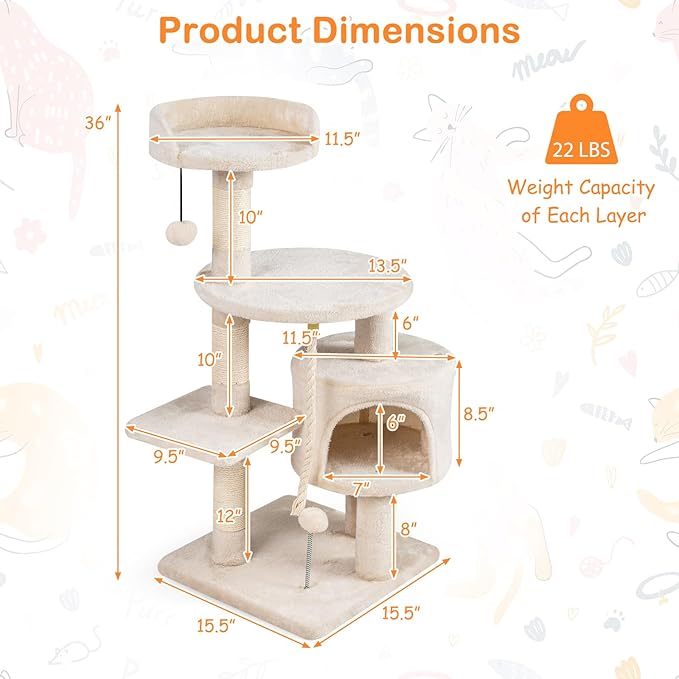 Tangkula 36 Inch Cat Tree Tower, Multi-Level Cat Tower with Condo, Top Perch, Sisal Scratching Posts & Hanging Rope, Spring & Hanging Balls, Climbing Platforms for Indoor Cats and Kittens (Beige)