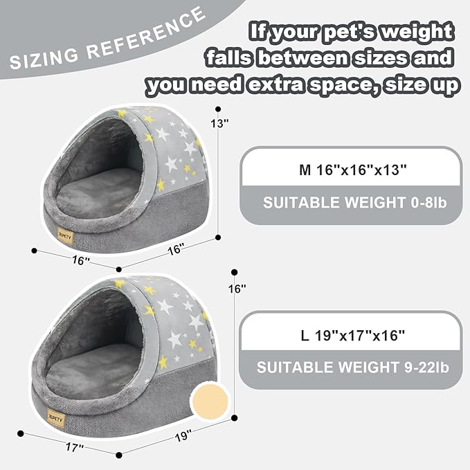 Jiupety Cute Cat Beds for Indoor Cats, Cat Cave Bed for Kittens, Burrowing Cat Bed & Puppy Bed with Anti-Slip Bottom, Washable Removable Cushion, L(19"x17"x16"), Gray Star