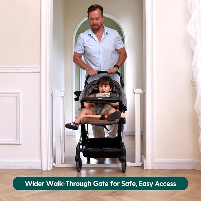 Babelio Baby Gate for Doorways and Stairs, 41-46" Pet Gate with Wide Walk Thru Door and Lock Indicator, No Drill Pressure Mounted Safety Gate with Double Lock and Self-Closing, White