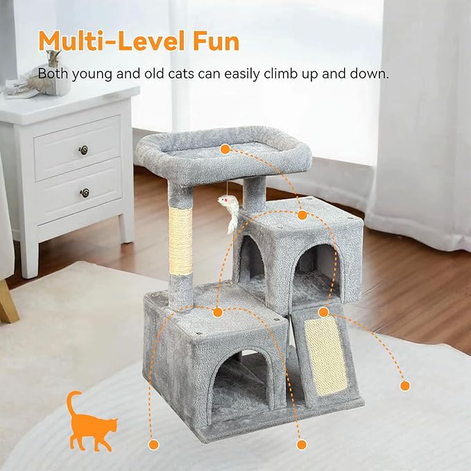 Cat Tree, 29.5 Inches Cat Tower with Dual Condos for Indoor Cats, Plush Cat House with Padded Perch, Scratching Ramp and Posts -Gray