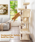 Heavy Duty Cat Tree for Indoor Cat, 71 Inch Large Cat Tower with Scratching Post and Top Perch, Hammock, Big Cat Condo for Adult Cats Kittens, PMT03BW, Beige