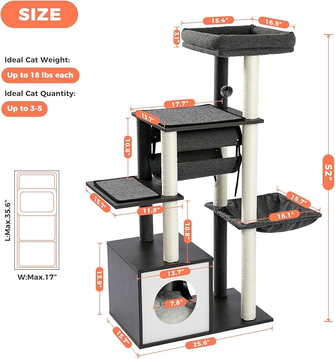 52" Cat Tree for Indoor Cats Large Adult, Modern Cat Tower with Fully Sisal Covered Scratching Posts, Cat Furniture with Spacious Perch, Super Large Hammock, Cozy Condo and Swing Tunnel Black