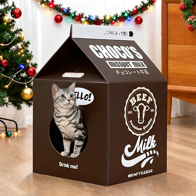 Cardboard Cat House with Scratch Pad, Corrugated Kitten Hideaway Cave, Cute Cats Condos Box, Milk Box Shape Cat Cardboard Scratcher, Christmas/Thanksgiving/Halloween/Birthday Gifts,Black