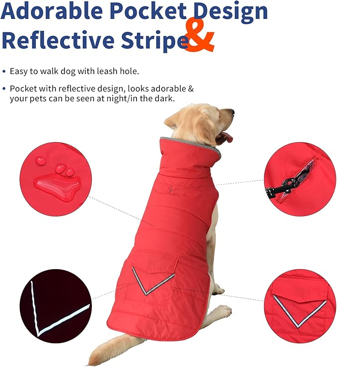 Dog Coat, Waterproof Dog Winter Jacket with Pocket, Reflective Adjustable Pet Snow Vest, Warm Cozy Fleece Sweater for Small Medium Extra Large Dogs - Red, 3XL
