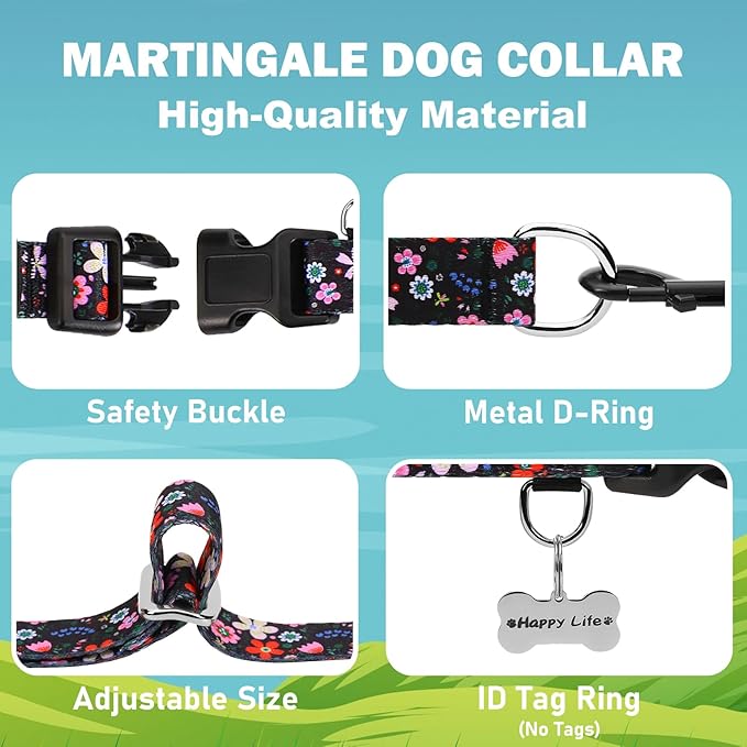 Martingale Dog Collar with Buckle Adjustable Nylon Limited Slip No Pull Training Floral Dog Collars (Black Pink Red, XSmall)