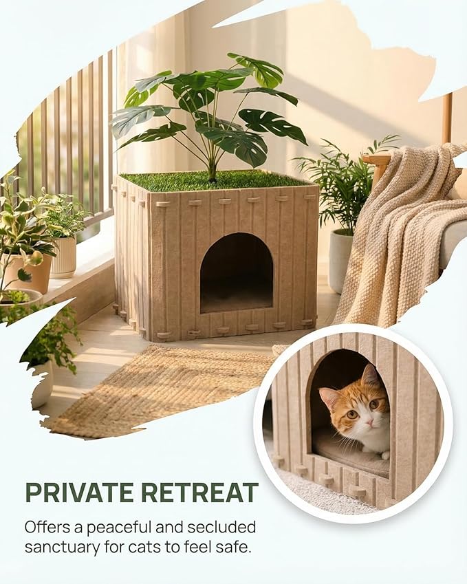 Cat Houses for Indoor Cats with Decorative Plants, Hidden Indoor Cat Bed Cave, Cozy Felt Design, Strong Scratch-Resistant Capacity, Hideaway Cat Condo, Ideal for Home Decor, Dark Camel