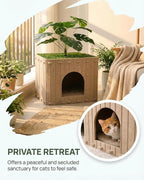 Cat Houses for Indoor Cats with Decorative Plants, Hidden Indoor Cat Bed Cave, Cozy Felt Design, Strong Scratch-Resistant Capacity, Hideaway Cat Condo, Ideal for Home Decor, Dark Camel