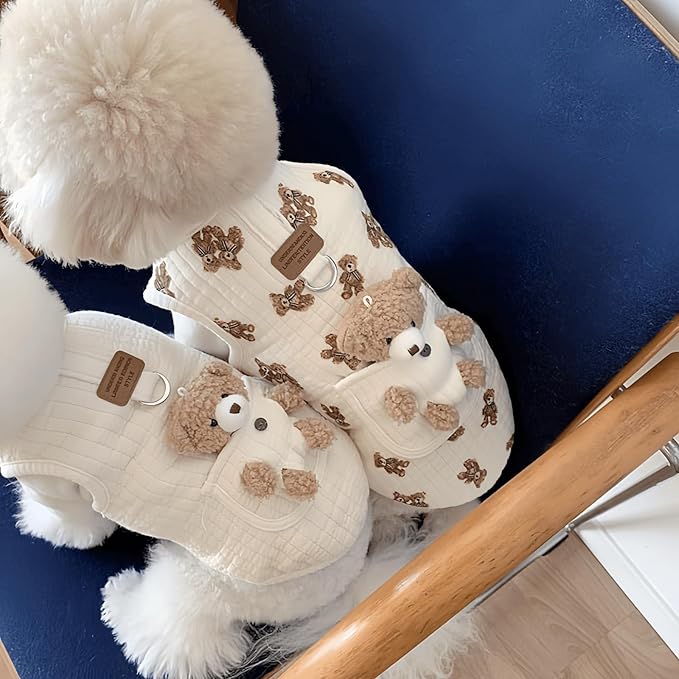 Cute Pet Apparel Plush Bear Pattern Cartoon Dog Clothes All Season Sleeveless Puppy Kitten Pullover Soft Skin-Friendly (White2, M (4.4-7.7lbs))