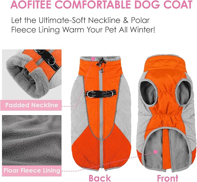 AOFITEE Dog Coat, Dog Winter Coat, Reflective Small Dogs Jacket with Harness Built in and Fleece Lined, Waterproof Pet Winter Jacket Warm Snowsuit for Small Medium Large Dogs, Orange M