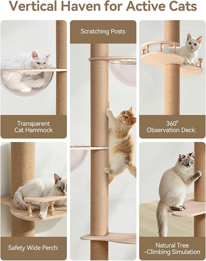 PawGiant Floor to Ceiling Cat Tree, Cat Tower with Adjustable Height 106-110", Sturdy 6-Tier Cat Climbing Stand with 2 Space Capsules & Scratching Posts, No Drilling for Indoor Multi-Cats