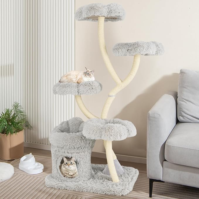 PETSITE 65 Inch Tall Cat Tree, Multi-Level Modern Cat Tree Tower with Sisal Scratching Posts, Cat Condo, Soft Long Plush Covered Platforms, Ideal for Indoor Cats Large Adult (Grey)