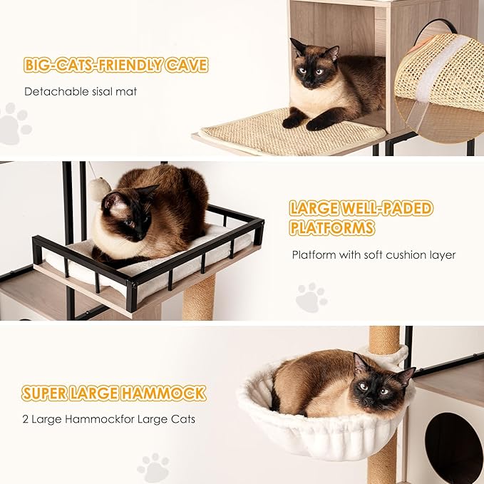 63" Multi-Functional Cat Tree with Hidden Litter Box Enclosure,Washable Cushion, Toy Hanger & Smart Storage for Multi-Cat Households,Modern Design, Rustic Gray