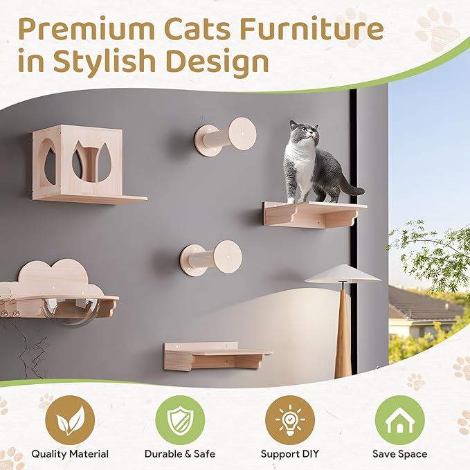 Cat Wall Furniture Set, Cat Wall Shelves Cat Wall Climber with 1 Cat Wall House and 1 Cat Wall Step Wooden Wall Mounted Cat Bed Cat Shelves and Perches for Indoor Cats Playing, Sleeping, Climbing