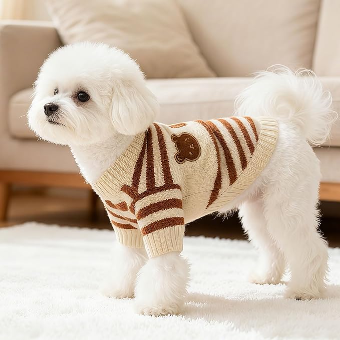 Dog Sweaters for Small Dogs with Cute Bear Pattern, Striped Soft Stretchable Fleece Warm Puppy Clothes for Small Dogs Cats, French Bulldog Chihuahua for Winter