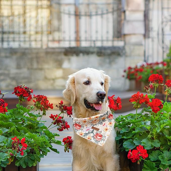 Elegant Little Tail Girl Dog Bandanas - Vintage Flower Pattern Dog Kerchief, Small/Medium/Large, Adjustable, Washable Square Scarf