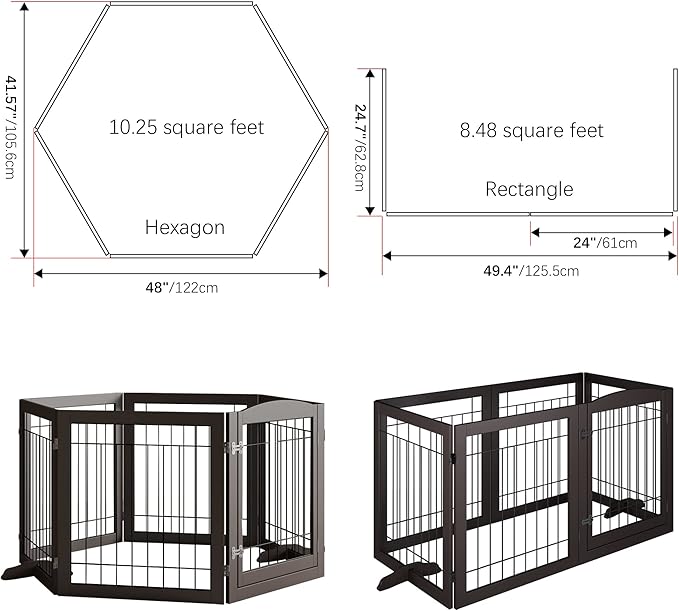 Vantas Folding Pet Gate 144" Wide, 30" Tall No-Assembly Wooden Dog Gate with Door Walk Through, Freestanding Wire Pet Puppy Safety Fence, with 2PCS Support – Espresso