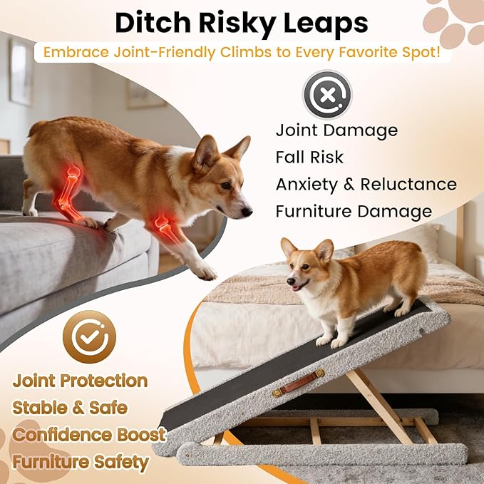 Dog Ramp for Bed, 4 Adjustable Height Wooden Ramp for Dogs from 14"–20", 17" Wide Pet Ramps for Dogs to Get on High Bed/Couch/Car with Soft Padding & Anti-Slip Grip, Up to 250LBS for Small/Large Dog