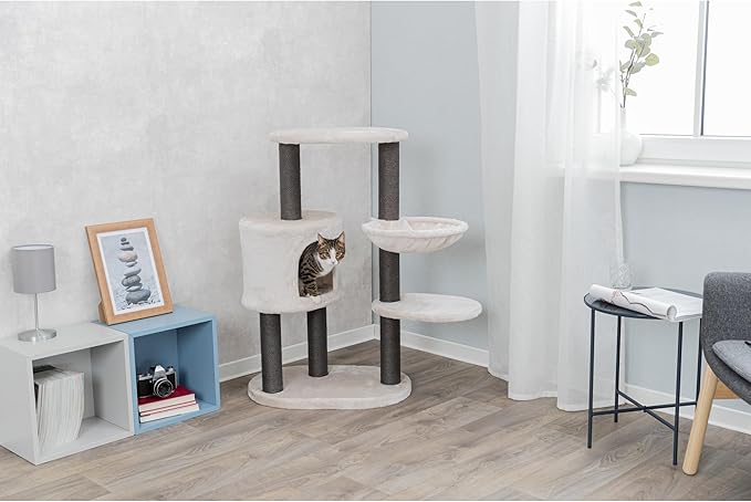 TRIXIE Moriles Cat Tower with Scratching Posts, Condo, Hammock, Padded Platform, Light Gray