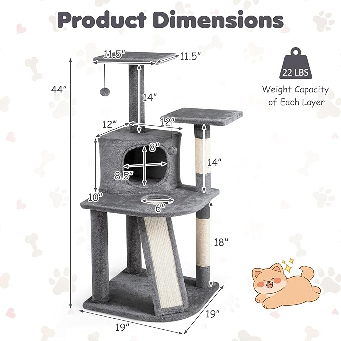 Tangkula Corner Cat Tree, Multi-Level Cat Tower with Top Perches & Cozy Condo, Natural Sisal Scratching Posts & Climbing Ladder, Playful Cat Hole & Hanging Balls, Climbing Play Center (Light Gray)