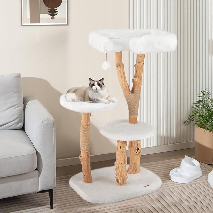 Tangkula Solid Wood Cat Tree, Modern Wooden Cat Tower with Perch, Jute Scratching Posts, Dangling Ball, Soft Long Plush, Luxury Cat Condo, Natural Branch Cute Cat Tree for Indoor Cats