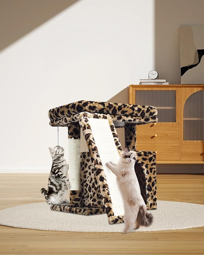 Small Leopard Print Cat Tree for Indoor Cats | Short Tower with Scratching Post, Ramp Pad, Condo with Perch Bed, Kittens Play House, Hanging Plush Ball & Cave for Resting (Leopard Print)