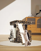 Small Leopard Print Cat Tree for Indoor Cats | Short Tower with Scratching Post, Ramp Pad, Condo with Perch Bed, Kittens Play House, Hanging Plush Ball & Cave for Resting (Leopard Print)