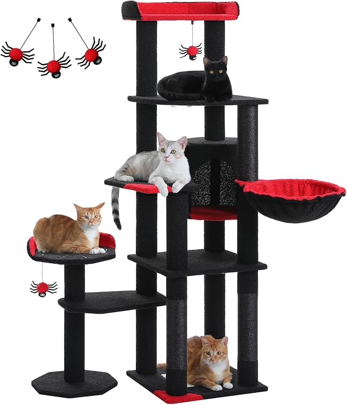59" Gothic Cat Tree with Coffin Bed-Black Cat Tower for Indoor Cats with Spacious Cat Condo & Cozy Hammock, Spider Hanging Balls, Sisal Scratching Post and 2 Spooky Perches for Halloween