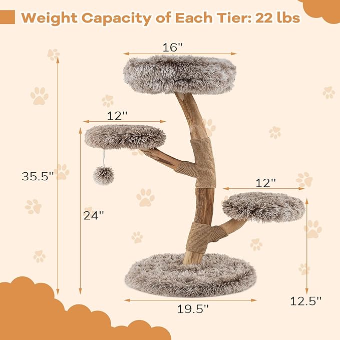 PETSITE 35.5-inch Wood Cat Tree, Multi-Level Real Pear Wood Modern Cat Tower with Jute Scratching Posts, Dangling Ball, Cozy Top Perch, 2 Jumping Platforms, Soft Long Plush Covered
