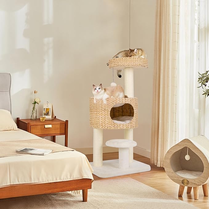 Tangkula Modern Cat Tree, 41 Inch Multi-Level Cat Tower with Cattail Fluff Condo & Top Perch, Hanging Toy, Bed, Removable Cushion, Sisal Scratching Posts for Indoor Cats, Natural