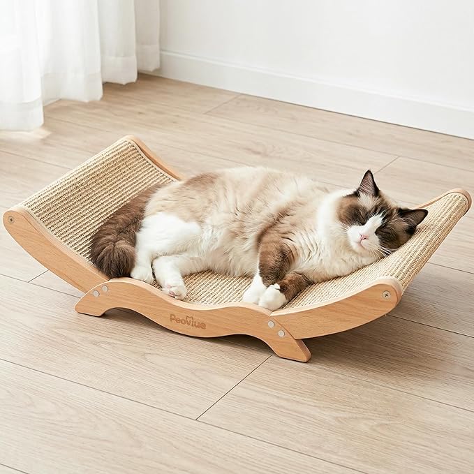 Extra-Large Cat Scratcher Bed with Natural Sisal Scratching Pad, Wooden Cat Bed Lounge Hammock for Indoor Cats, Durable Cat Scratching Post Furniture for Large Cats