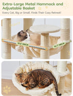 Taoqimiao 76-Inch Cat Tree with Scratching Posts,XXL Cat Tower for Large Cats with Cat Scratching Board,Extra-Large Metal Hammock,3 Perches, 2 Big Condos, Hanging Basket, MS047M, Beige
