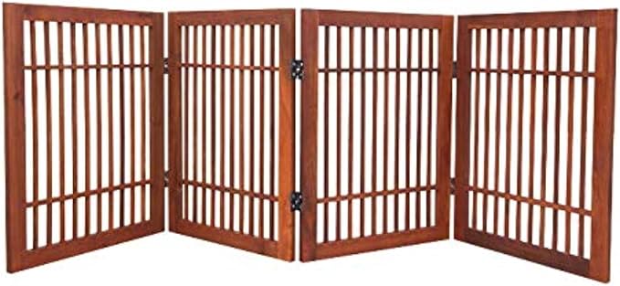 Urnporium Pet Dog Gate Freestanding, Strong Durable Folding Wooden Fence, Portable Acacia Hardwood Safety Barrier for Indoor & Outdoor Use (Brown Pet Gate, 4 Panel 24" Tall)