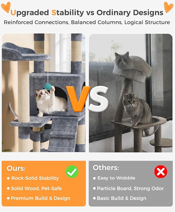 Catlike Rock-Solid 76" Tall Cat Tree Tower for Indoor Cats Large Adult, Heavy Duty Multi-Level Large Cat Tree with Sisal Scratching Posts, Perches, Cat Condos, Hammock Baskets, Cat Tower Light Grey