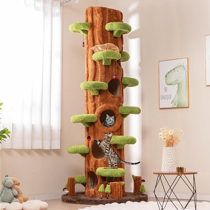 PETSITE 90.5 Inch Tall Cat Tree, Tree-Like Modern Cat Tower with Sisal Scratching Pad, Five Cat Condos, Cute Hanging and Spring Toys, Large Cat Tree Tower for Indoor Cats (Brown)