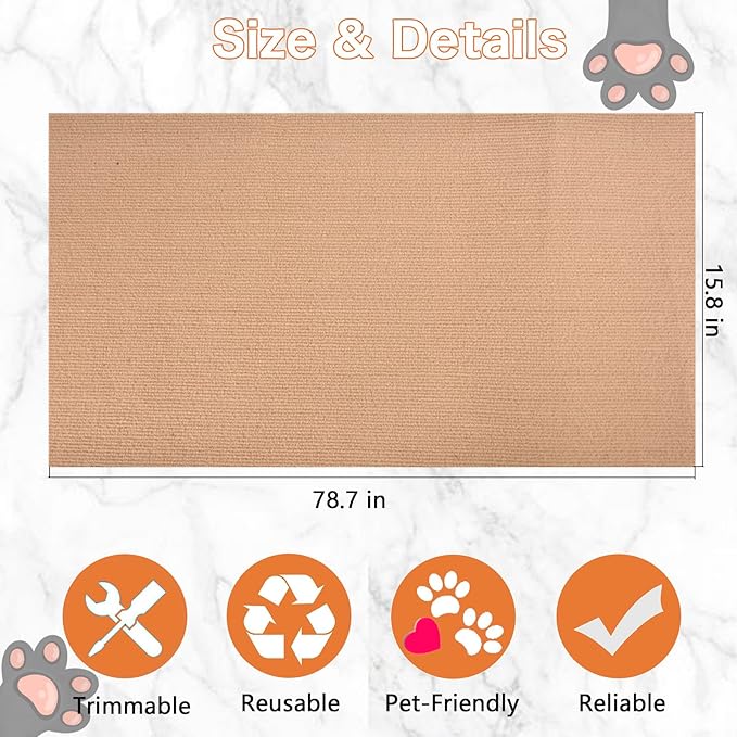 Cat Scratching Mat - 79"x16" Trimmable Cat Scratching Carpet Mat, Large Self-Adhesive DIY Cat Scratch Mat Roll, Cat Tree Shelves Replacement Mat Pad, Couch Furniture Protector, Toy Ball&Strong Tape