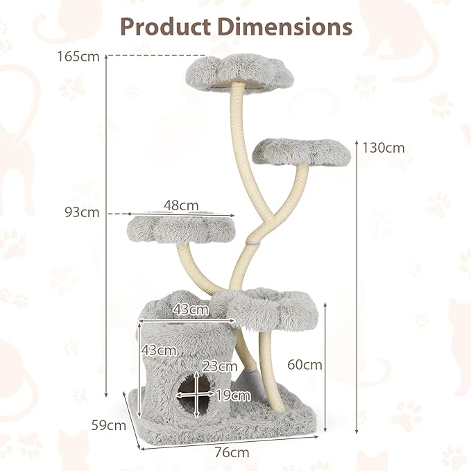 PETSITE 65 Inch Tall Cat Tree, Multi-Level Modern Cat Tree Tower with Sisal Scratching Posts, Cat Condo, Soft Long Plush Covered Platforms, Ideal for Indoor Cats Large Adult (Grey)