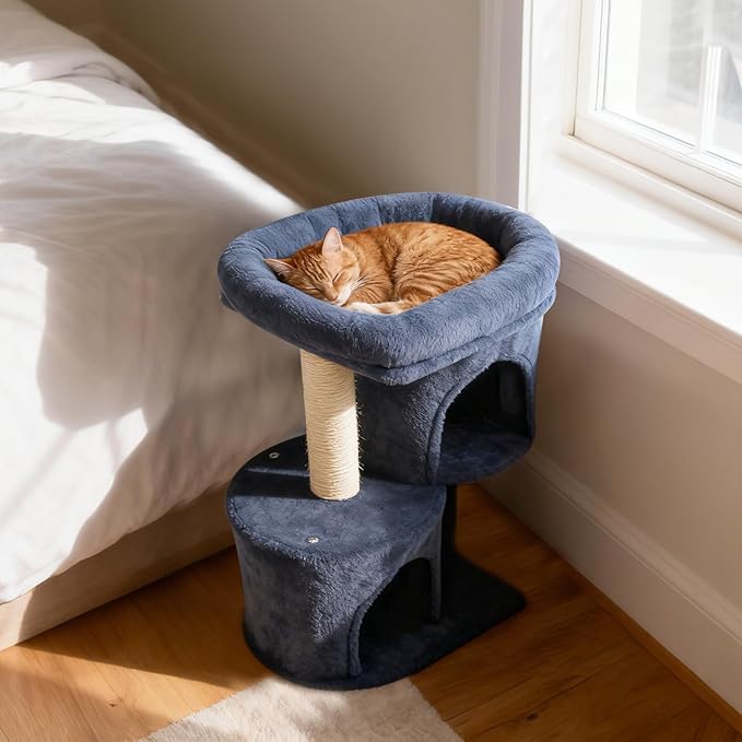 Tangkula Small Cat Tree for Indoor Cats, 26 Inch Cat Tower with Sisal Scratching Posts, Dual Cat Condos with Large Padded Push Perch, Modern Cat Climbing Furniture Activity Center (Dark Grey)