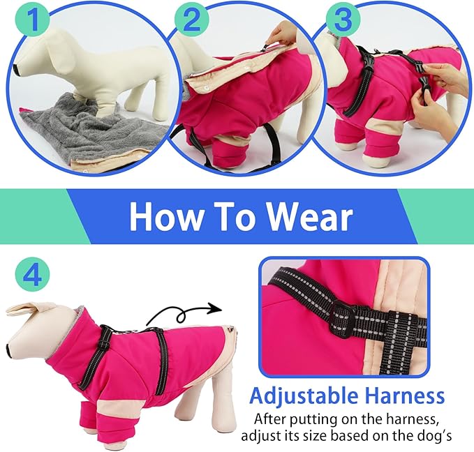 MIGOHI Snowproof Dog Jacket with Harness Reflective Small Dog Coat with Sleeves,Waterproof Fleece Winter Puffer Jacket for Dogs,Turtleneck Puppy Coats for Dogs Chilly Day,S,Rosered