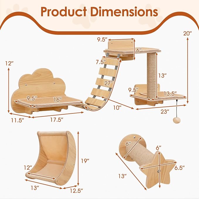 Tangkula Cat Wall Shelves, 6 Pieces Wooden Wall Mounted Kitten Furniture Set with Hammock, Bridge, 2-Step Cat Tree, Platforms, Scratching Posts & Hanging Toy, Modern Cat Climber Steps