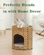 Cat House for Indoor Cat, Small Cat Houses Handwoven PE Rattan Kitten Cave, Pet Kitten Bed Covered, One Bed Pad, 13 x 13 x 13.7 Inches, Foldable Hideaway in Living Room Gray